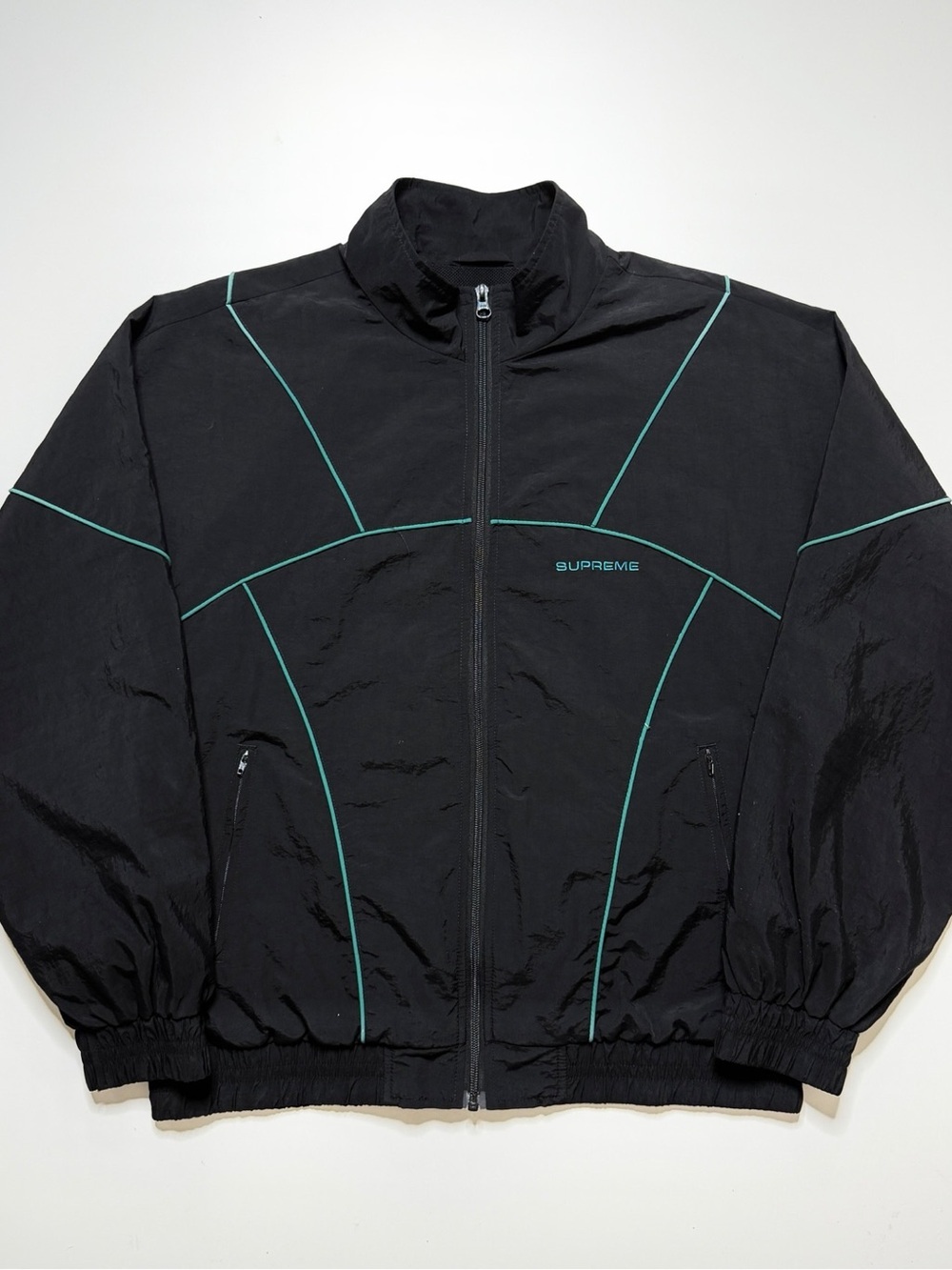 Supreme Nylon Piping Full Zip Activewear Track Jacket Mens Medium Black Teal